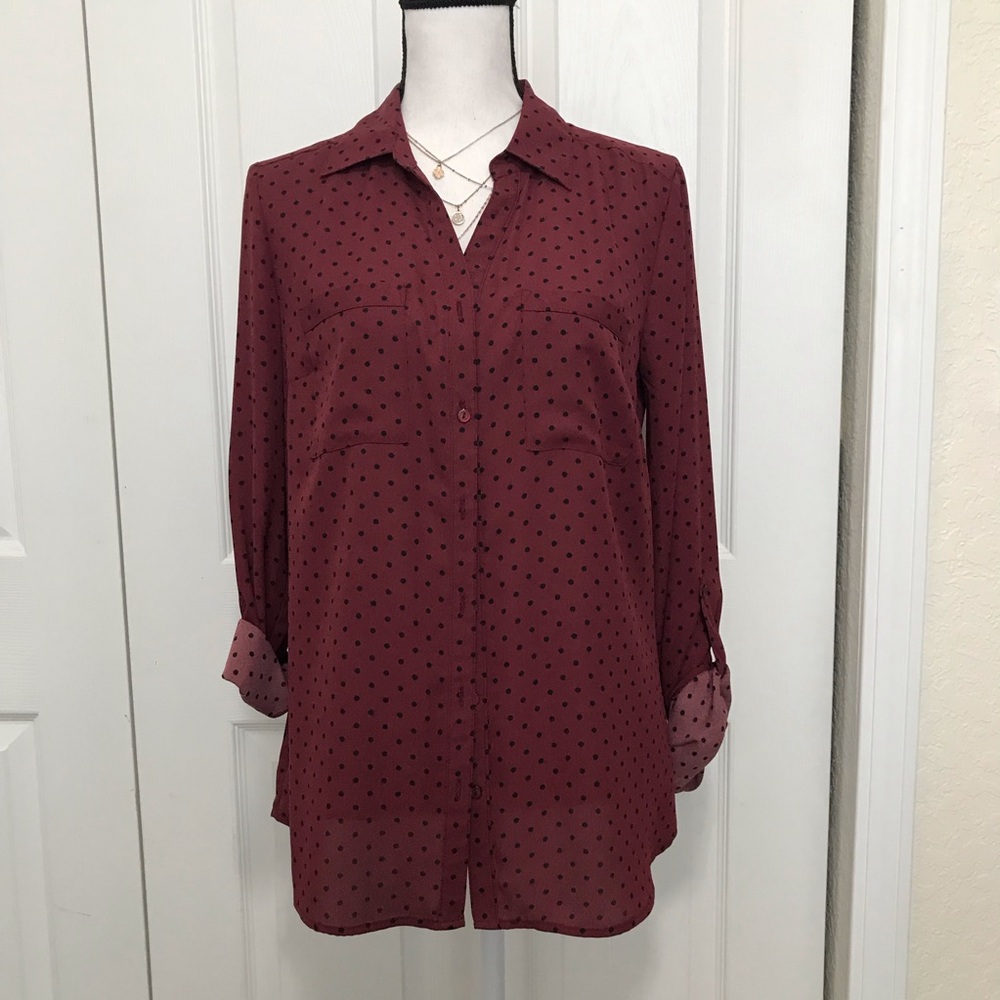 Burgundy Micro Polka Dot Roll Tab Sleeve Button Up Blouse